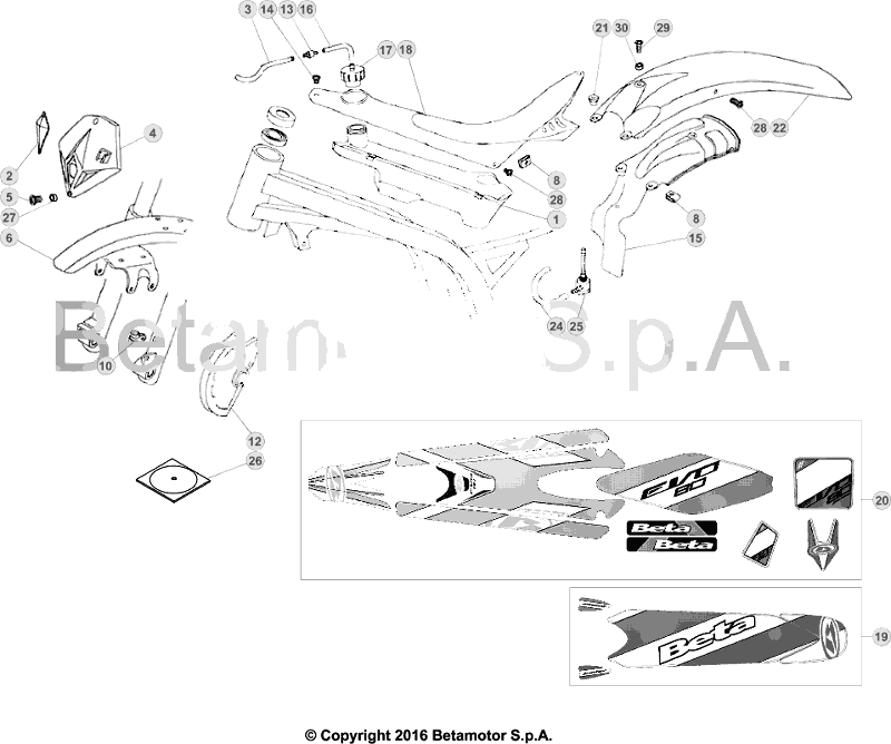 vue éclatée plastiques, réservoir et selle - beta evo 80 senior 2017