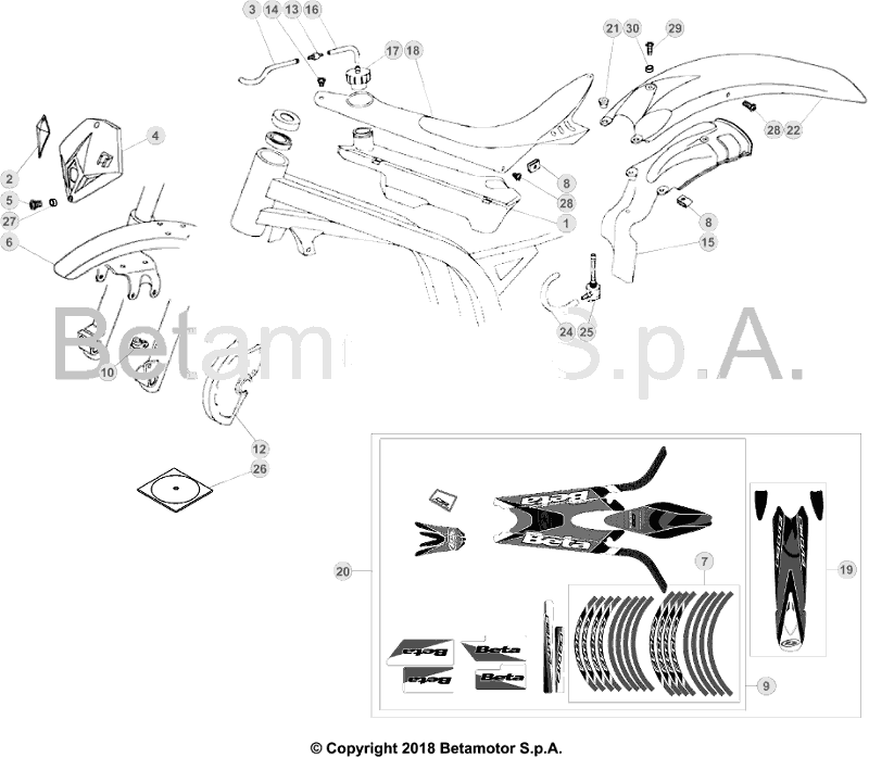 vue éclatée plastiques, réservoir et selle - beta evo 80 senior 2019