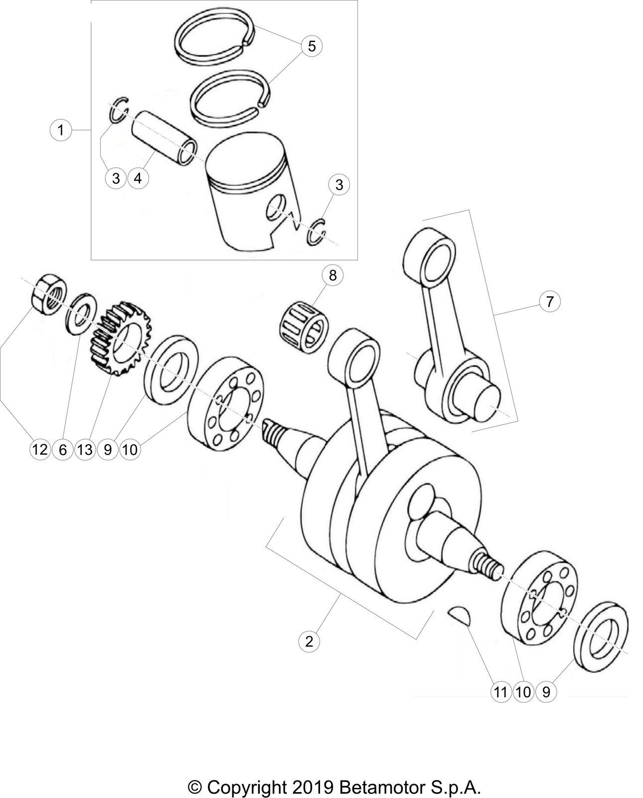 vue éclatée vilebrequin / piston / arbre d’équilibrage - beta evo 80 senior 2020