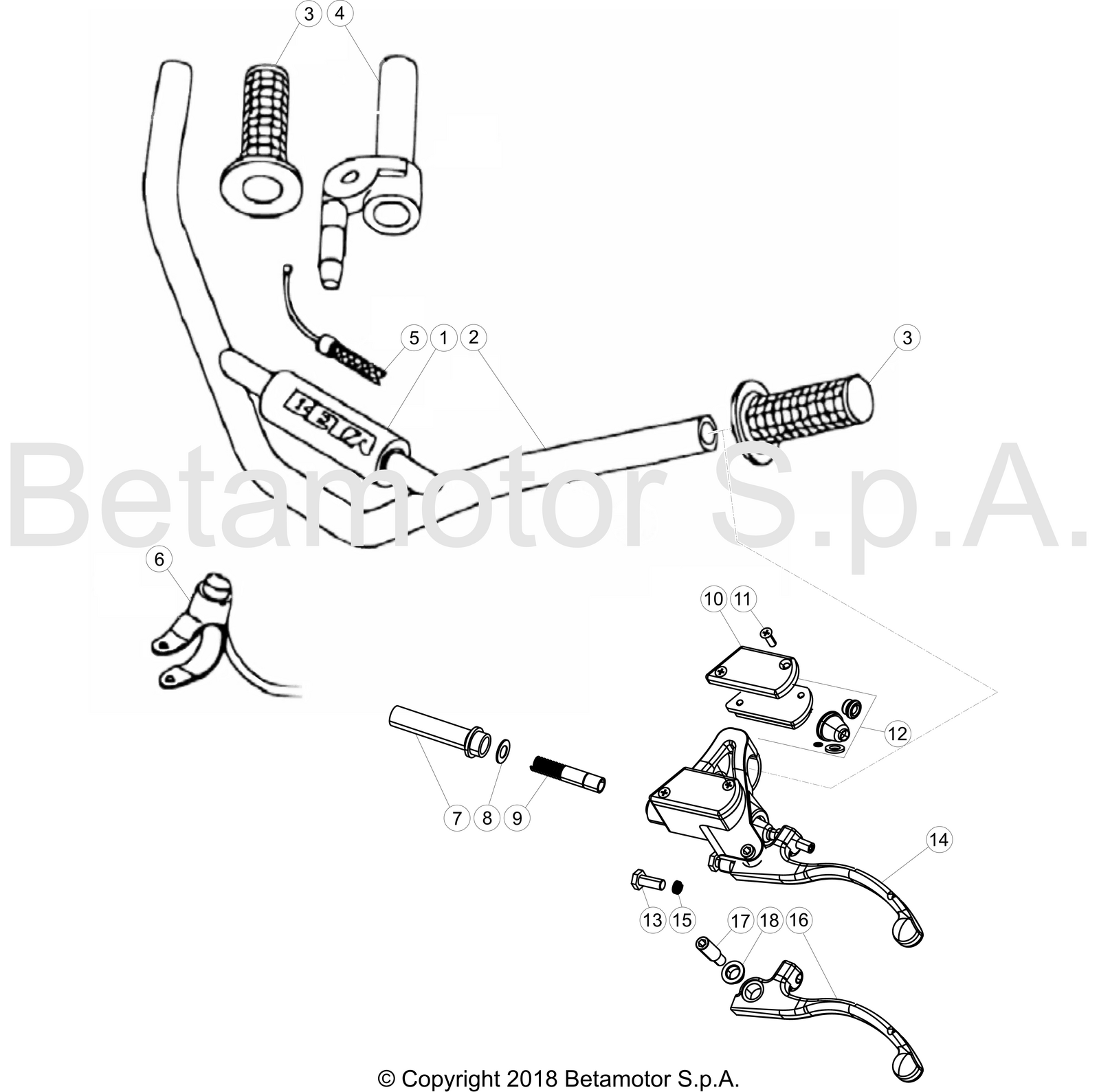 vue éclatée commandes et guidon - beta evo 80 senior 2020