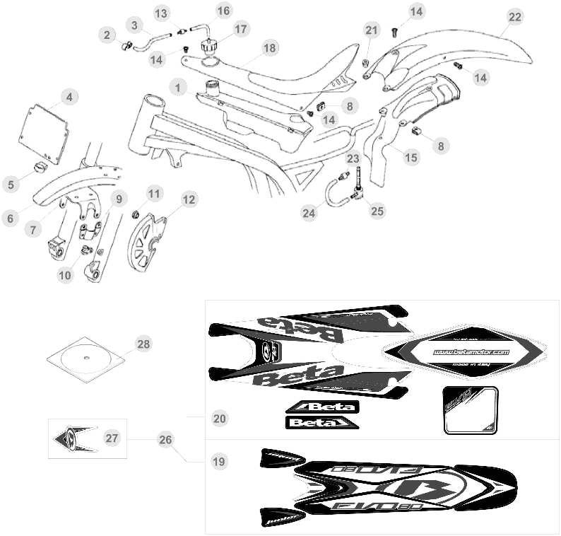 vue éclatée plastiques, réservoir et selle - beta evo 80 junior 2013