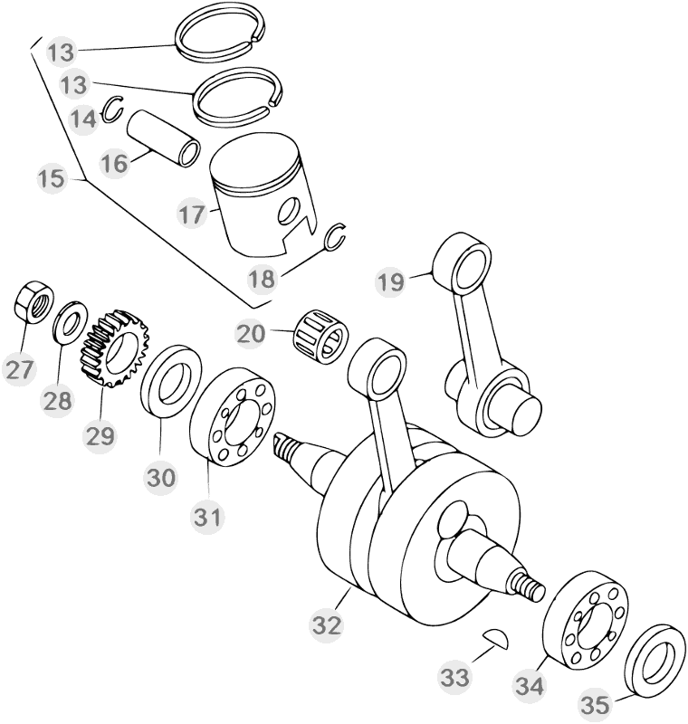 vue éclatée vilebrequin / piston / arbre d’équilibrage - beta evo 80 junior 2013