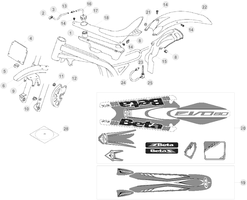 vue éclatée plastiques, réservoir et selle - beta evo 80 junior 2015