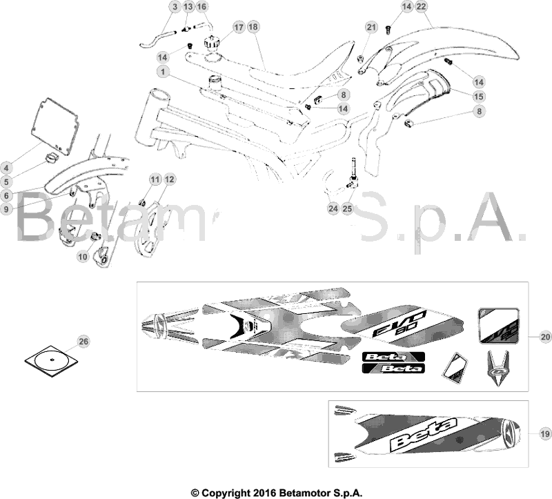 vue éclatée plastiques, réservoir et selle - beta evo 80 junior 2017