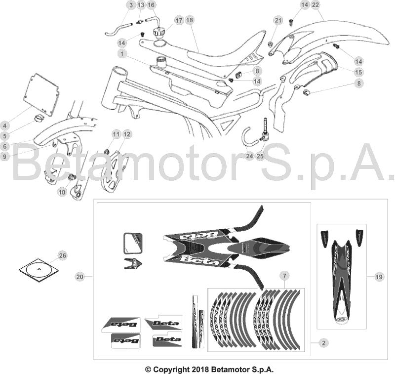 vue éclatée plastiques, réservoir et selle - beta evo 80 junior 2019