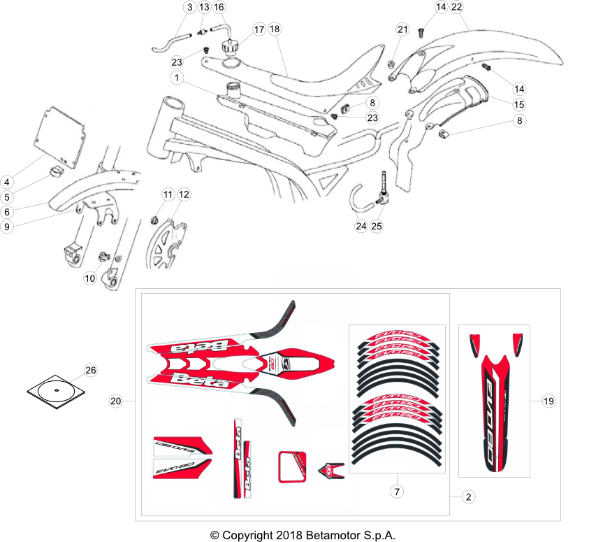 vue éclatée plastiques, réservoir et selle - beta evo 80 junior 2020