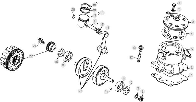 vue éclatée vilebrequin / piston / arbre d’équilibrage - beta rev 200 2006