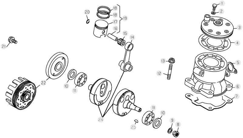 vue éclatée vilebrequin / piston / arbre d’équilibrage - beta rev 250 2007