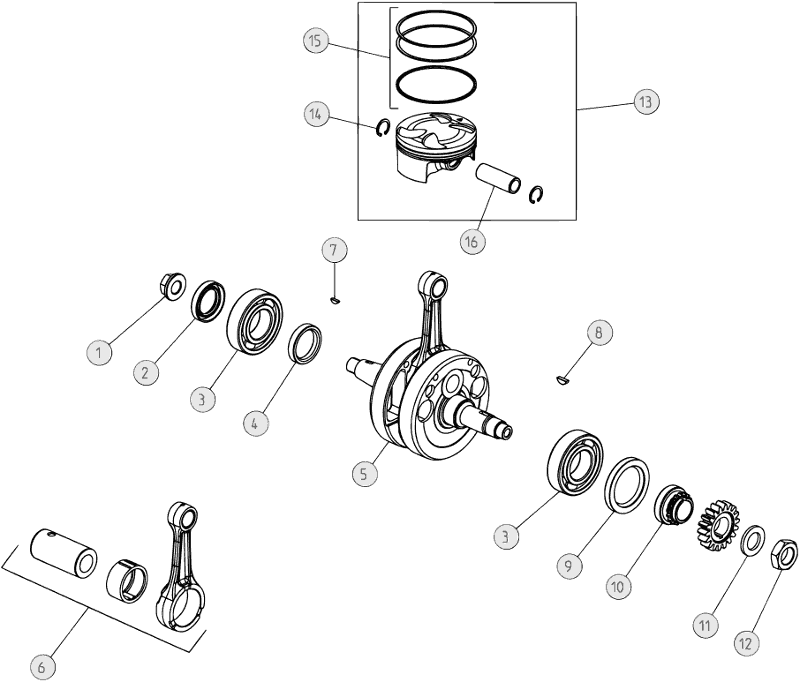 vue éclatée vilebrequin / piston / arbre d’équilibrage - beta rev 250 4t 2007