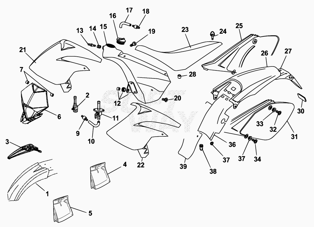 vue éclatée plastiques, réservoir et selle - beta 50 rr motard 2010