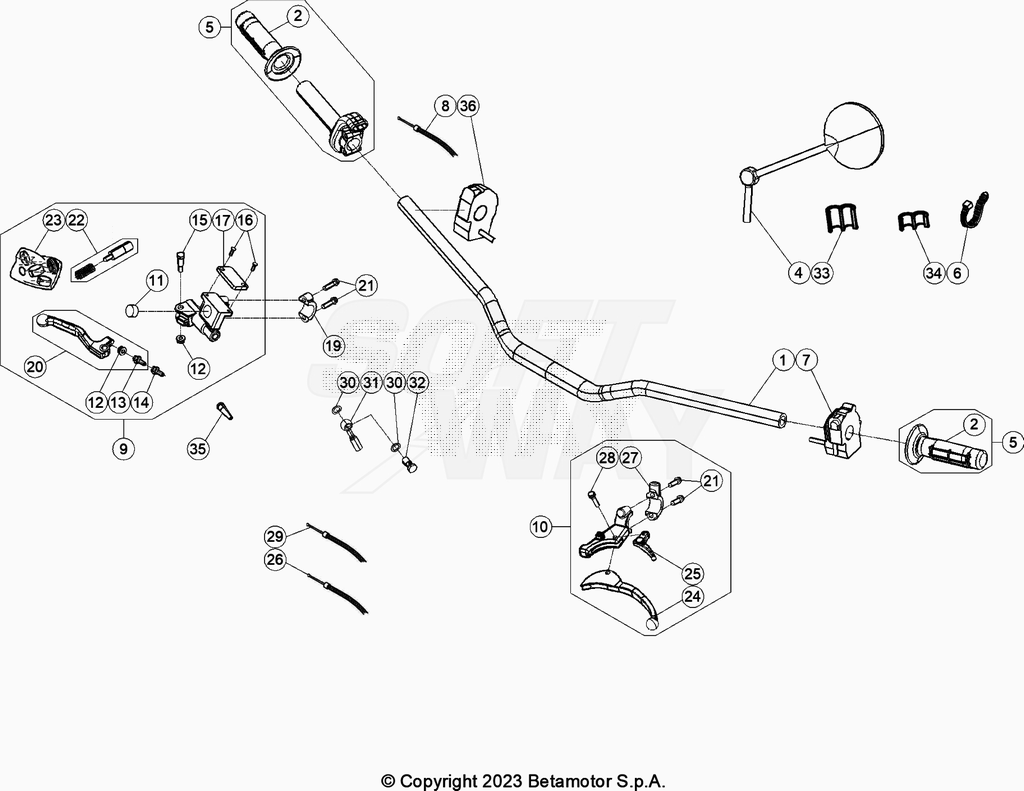 vue éclatée commandes et guidon - beta 50 rr enduro sport rouge 2020