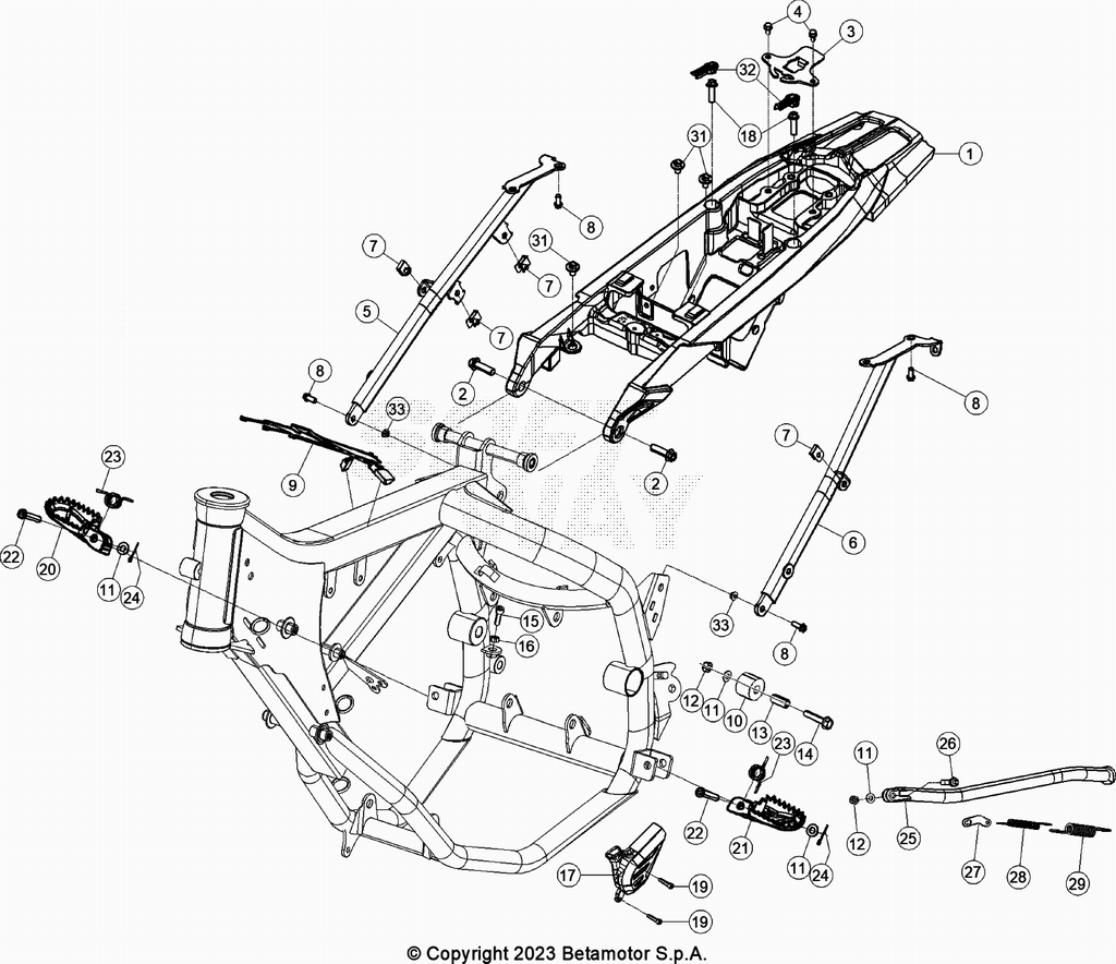 vue éclatée accesoires du cadre arrière de cadre, repose-pieds,... - beta 50 rr enduro blanc 2021