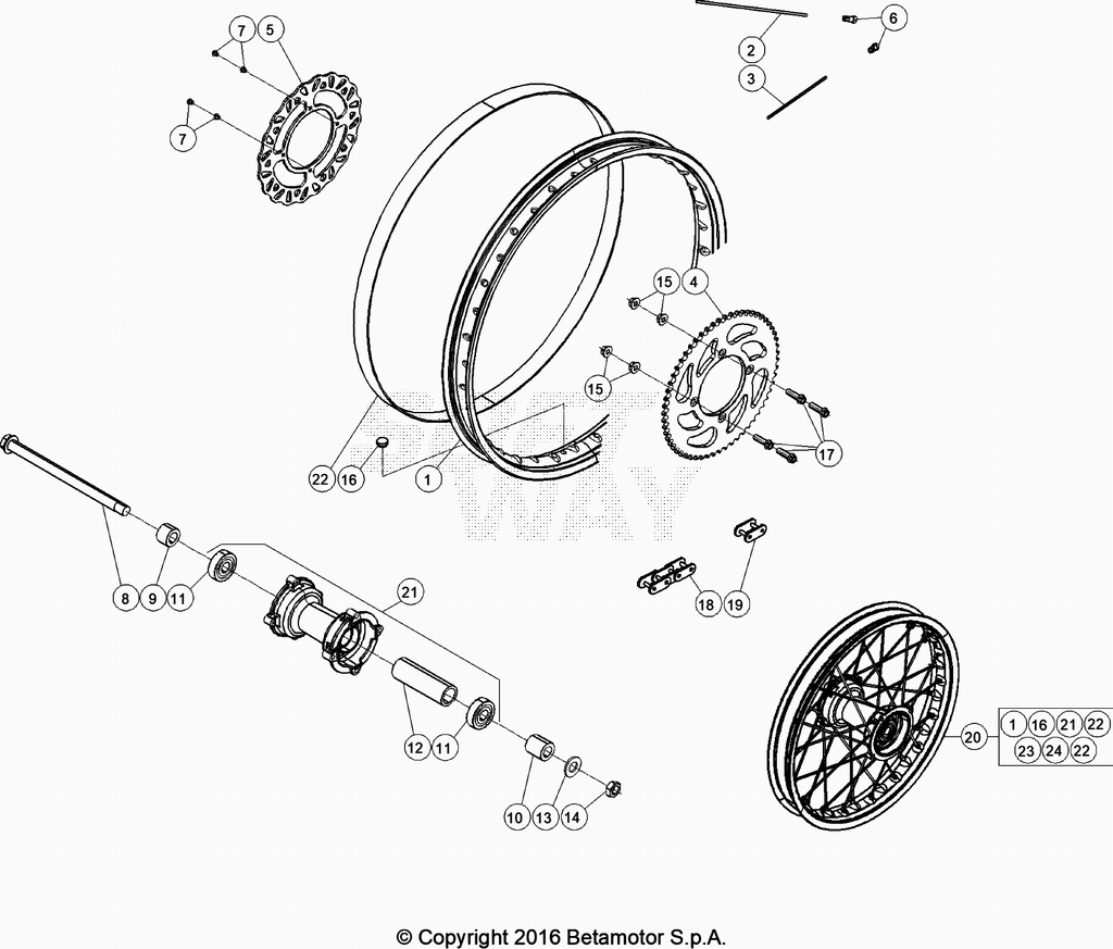 vue éclatée roue arrière - beta 50 rr enduro blanc 2021