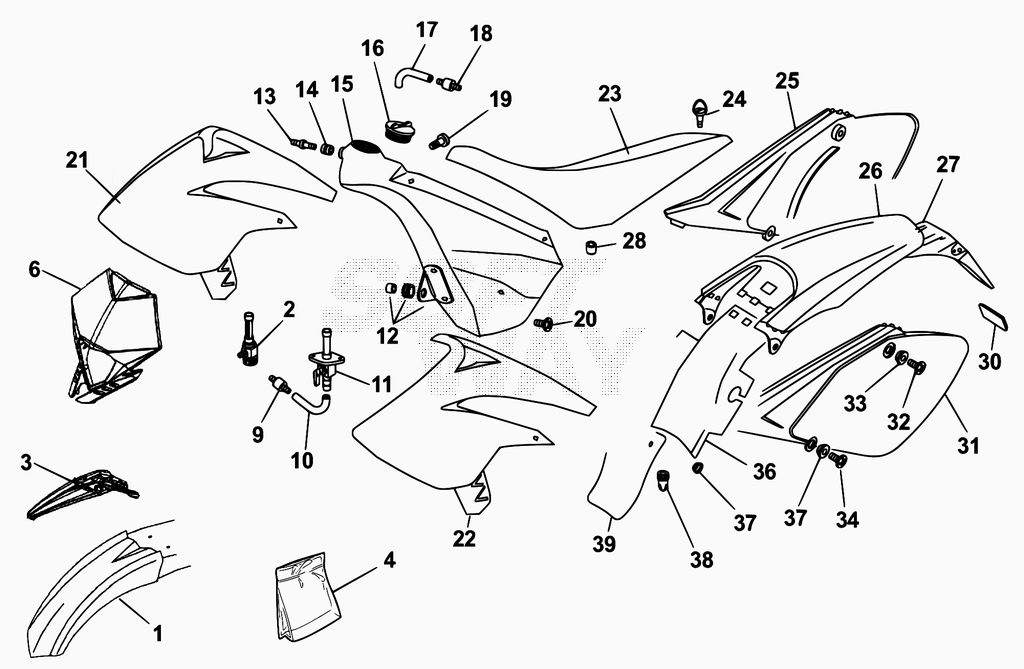 vue éclatée plastiques, réservoir et selle - beta 50 rr motard standard 2010