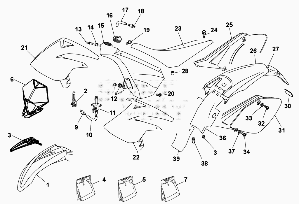 vue éclatée plastiques, réservoir et selle - beta 50 rr enduro 2010