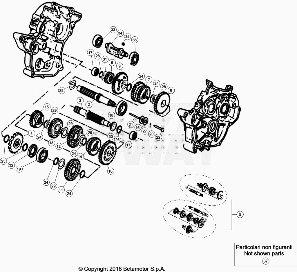 vue éclatée boite de vitesse - beta 50 rr enduro rouge 2020