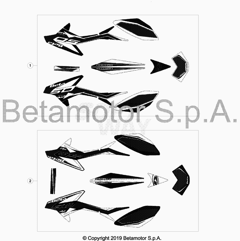 vue éclatée plastiques, réservoir et selle - beta 50 rr motard 2019