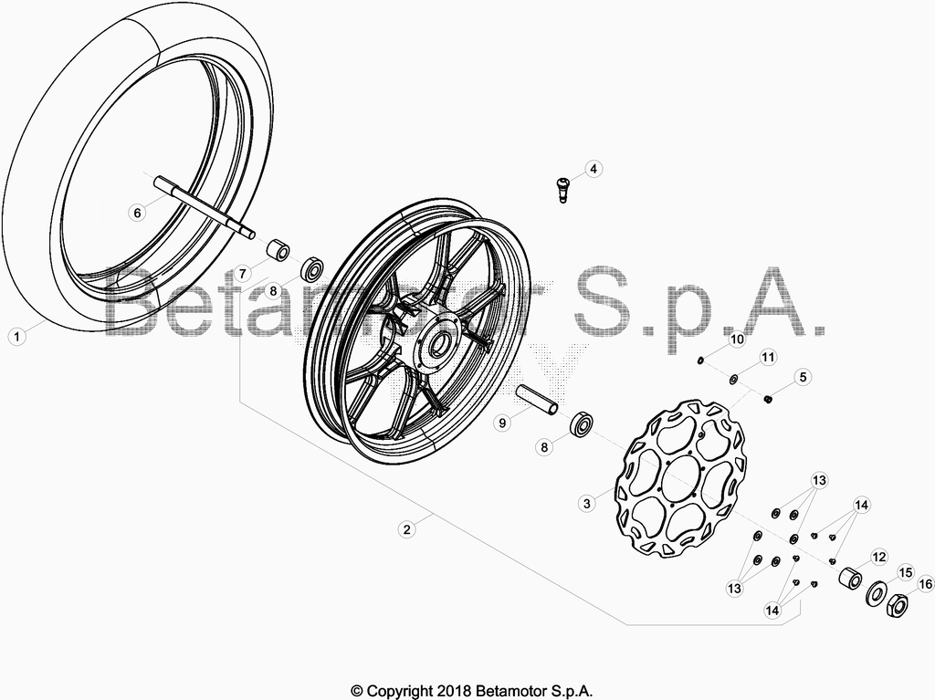 vue éclatée roue avant de 0500736 à 0501231 - beta 50 rr motard standard 2014