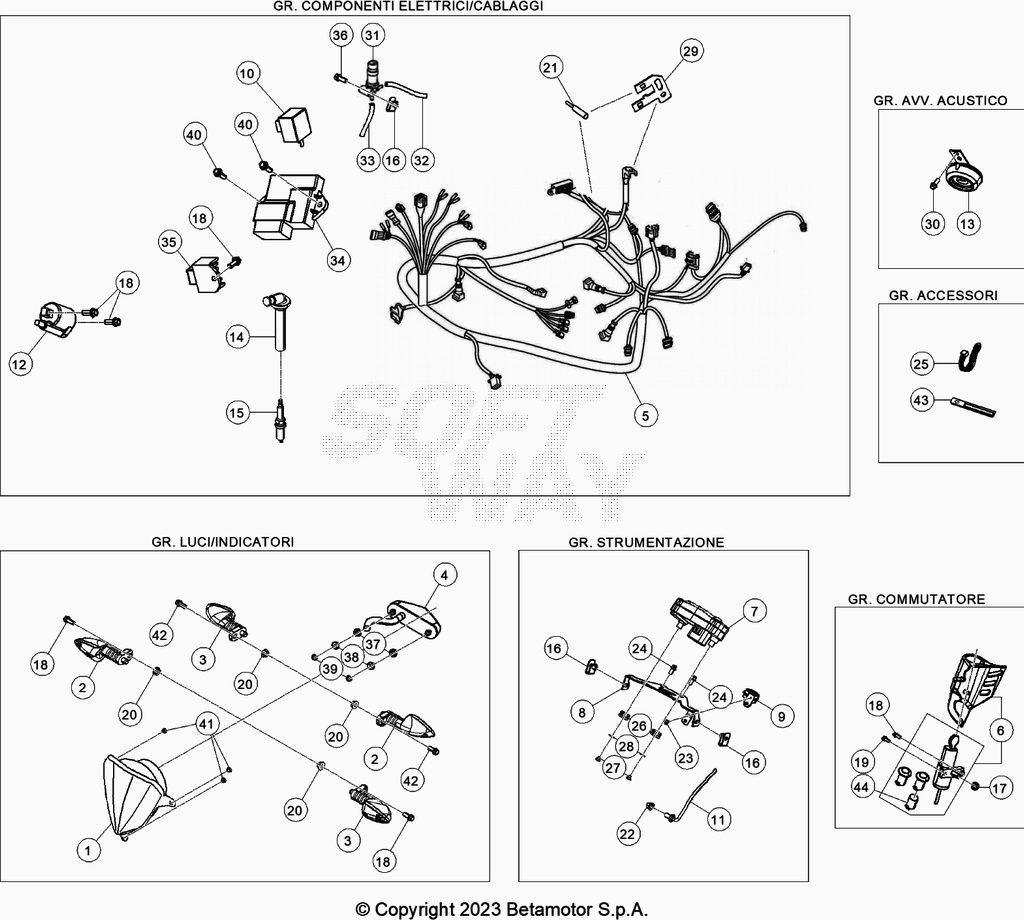 vue éclatée installation électrique - beta 50 rr enduro sport blanc 2021