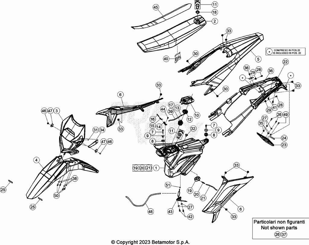vue éclatée plastiques, réservoir et selle - beta 50 rr motard blanc 2023