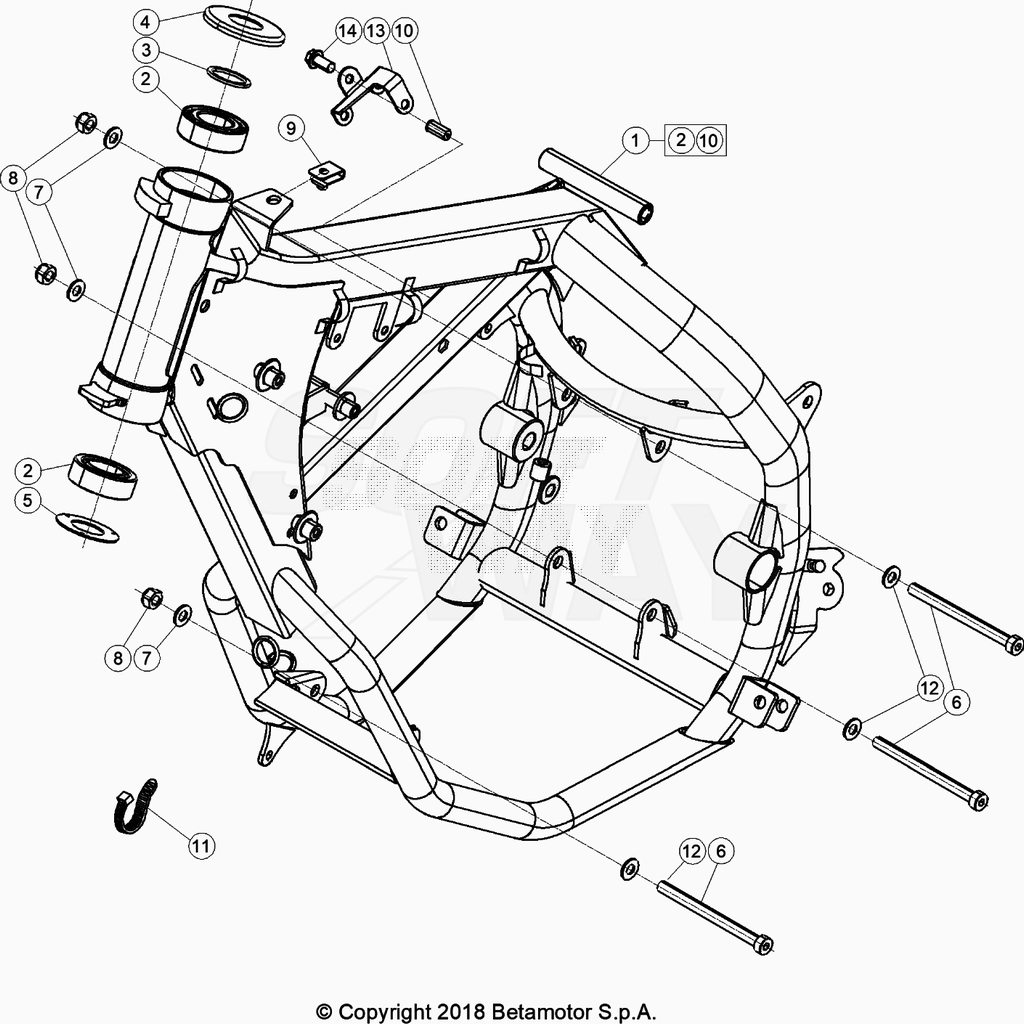 vue éclatée accesoires du cadre arrière de cadre, repose-pieds,... - beta 50 rr motard track r 2020