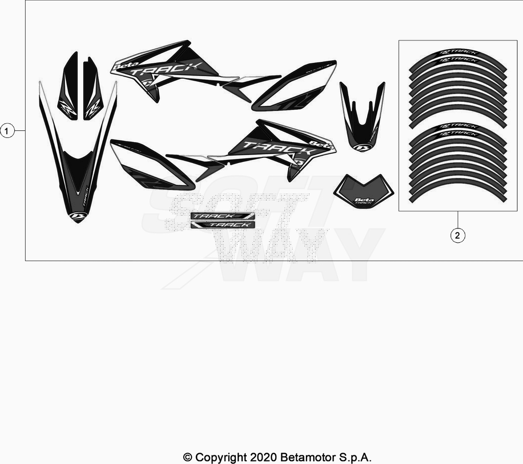 vue éclatée plastiques, réservoir et selle - beta 50 rr motard track r 2020