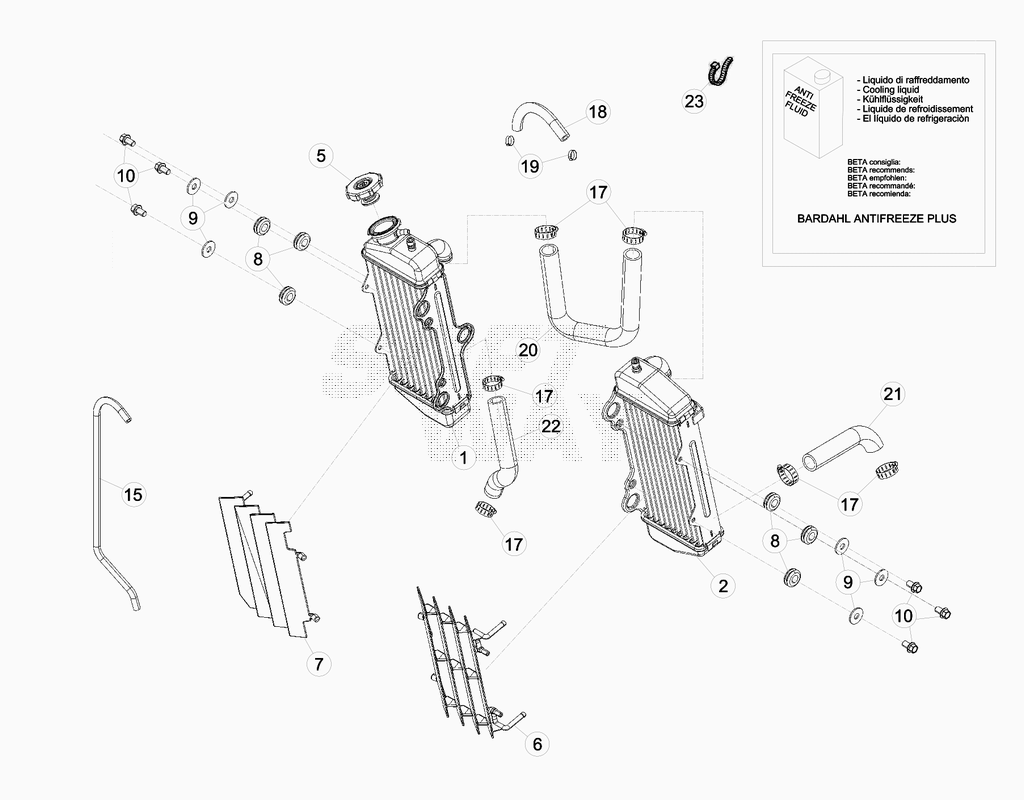 vue éclatée radiateurs, refroidissement - beta 50 rr enduro factory 2015