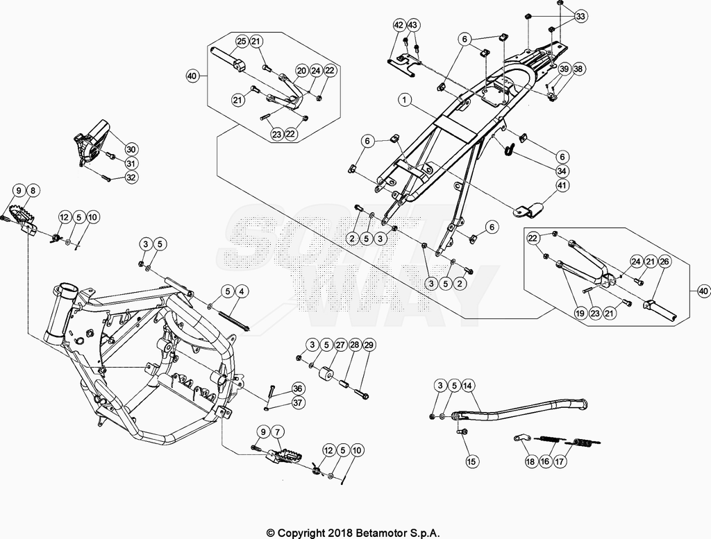vue éclatée accesoires du cadre arrière de cadre, repose-pieds,... - beta 50 rr motard track blanc 2020