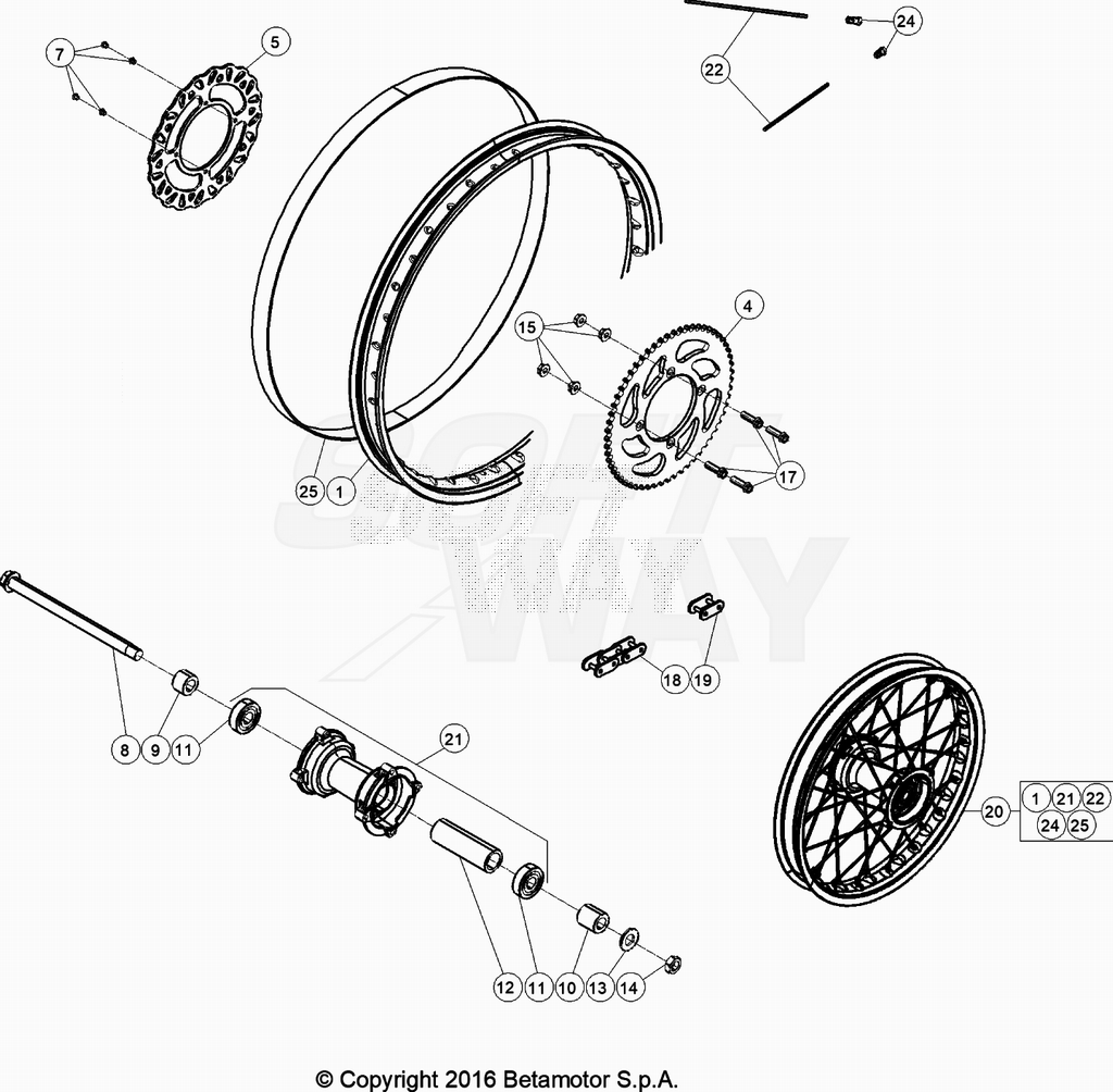 vue éclatée roue arrière - beta 50 rr motard track blanc 2020