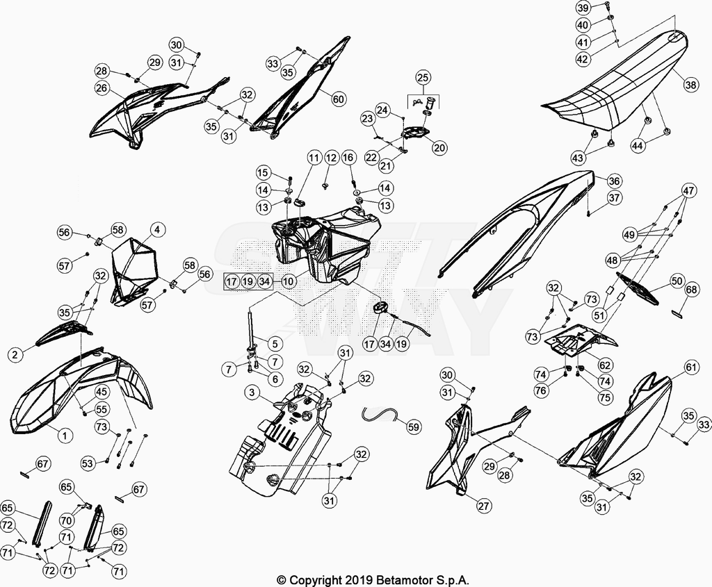 vue éclatée plastiques, réservoir et selle - beta 50 rr motard track blanc 2020