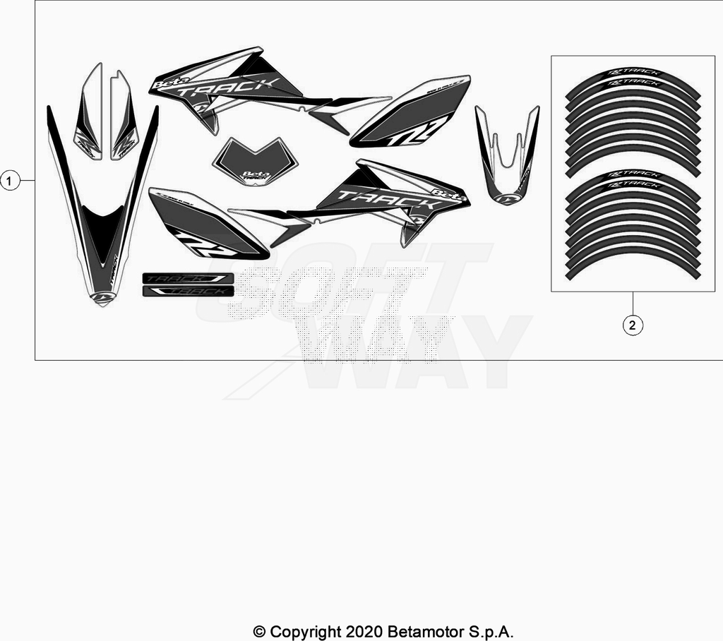 vue éclatée plastiques, réservoir et selle - beta 50 rr motard track blanc 2020