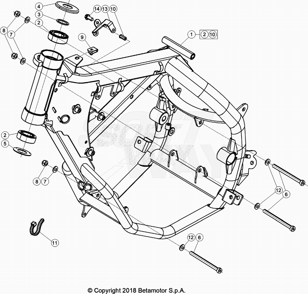 vue éclatée accesoires du cadre arrière de cadre, repose-pieds,... - beta 50 rr motard sport blanc 2020