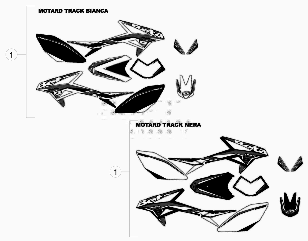 vue éclatée plastiques, réservoir et selle de 0401332 à 0499999 - beta 50 rr motard track 2012