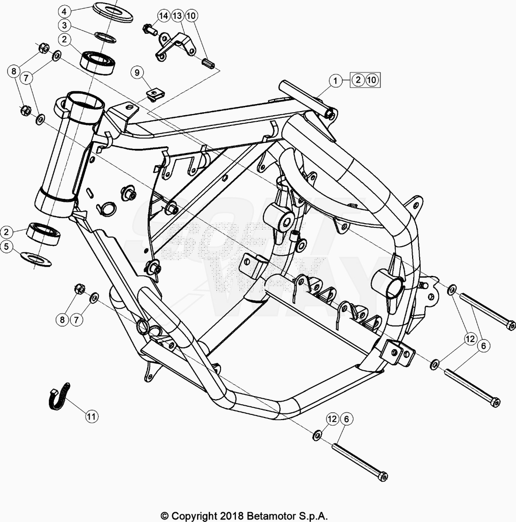 vue éclatée accesoires du cadre arrière de cadre, repose-pieds,... - beta 50 rr enduro sport blanc 2020