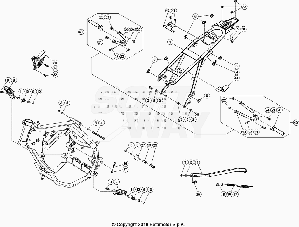 vue éclatée accesoires du cadre arrière de cadre, repose-pieds,... - beta 50 rr enduro sport blanc 2020