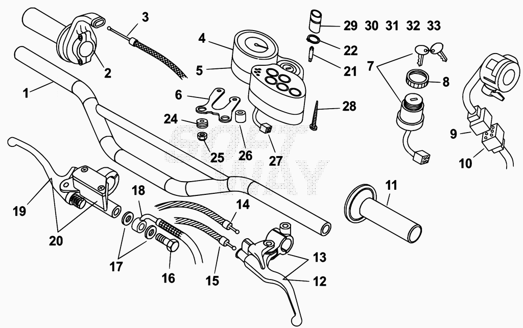 vue éclatée commandes et guidon - beta 50 rr motard standard 2009