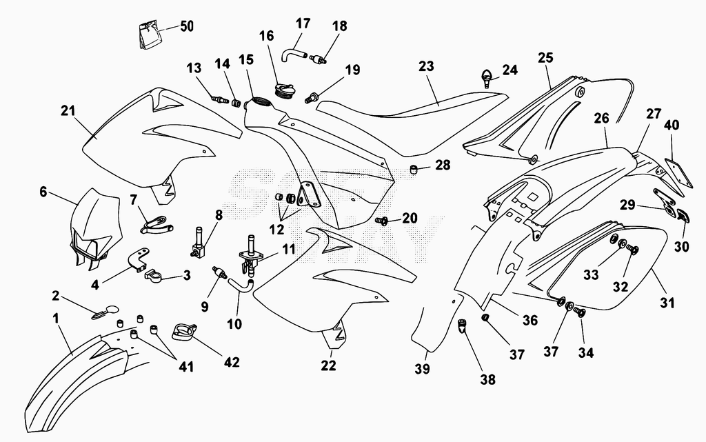 vue éclatée plastiques, réservoir et selle - beta 50 rr motard standard 2009