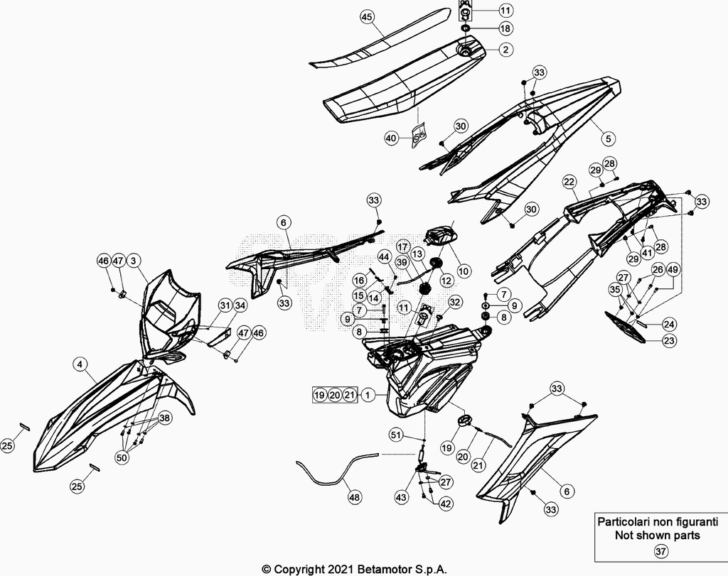vue éclatée plastiques, réservoir et selle - beta 50 rr enduro rouge 2021