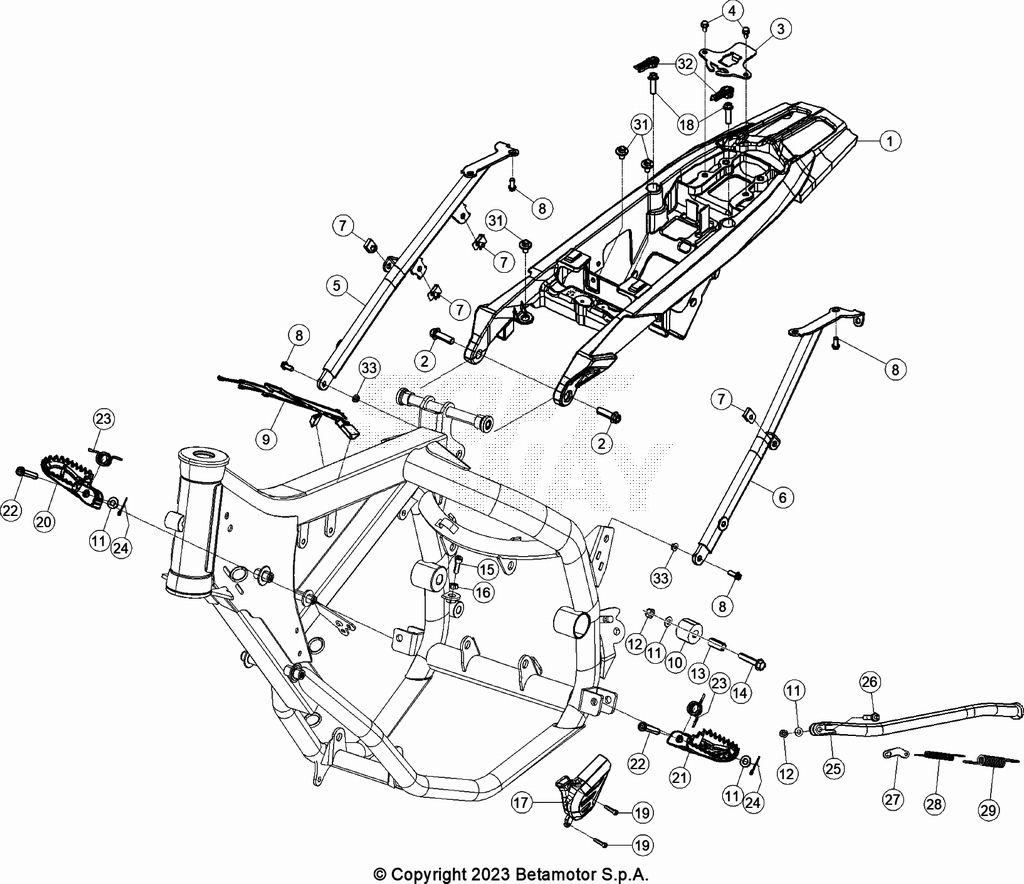 vue éclatée accesoires du cadre arrière de cadre, repose-pieds,... - beta 50 rr motard noir 2023
