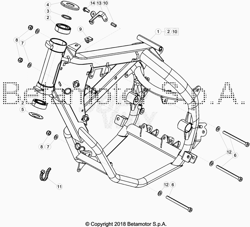 vue éclatée accesoires du cadre arrière de cadre, repose-pieds,... - beta 50 rr enduro racing 2018
