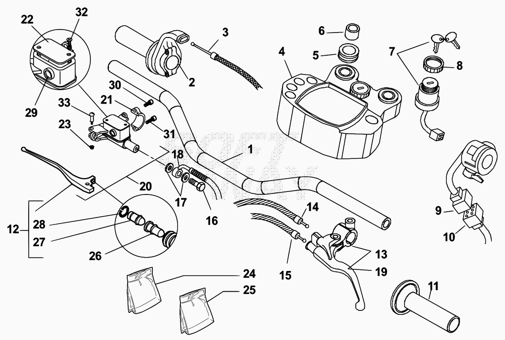 vue éclatée commandes et guidon - beta 50 rr motard track 2008