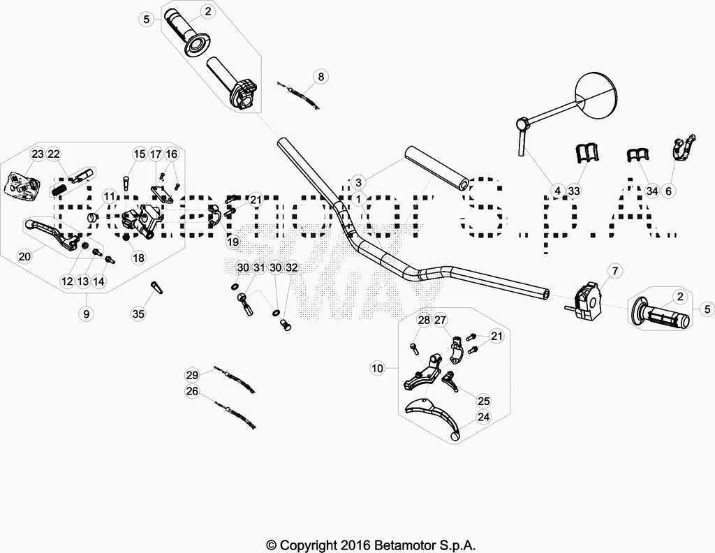vue éclatée commandes et guidon - beta 50 rr motard track 2013