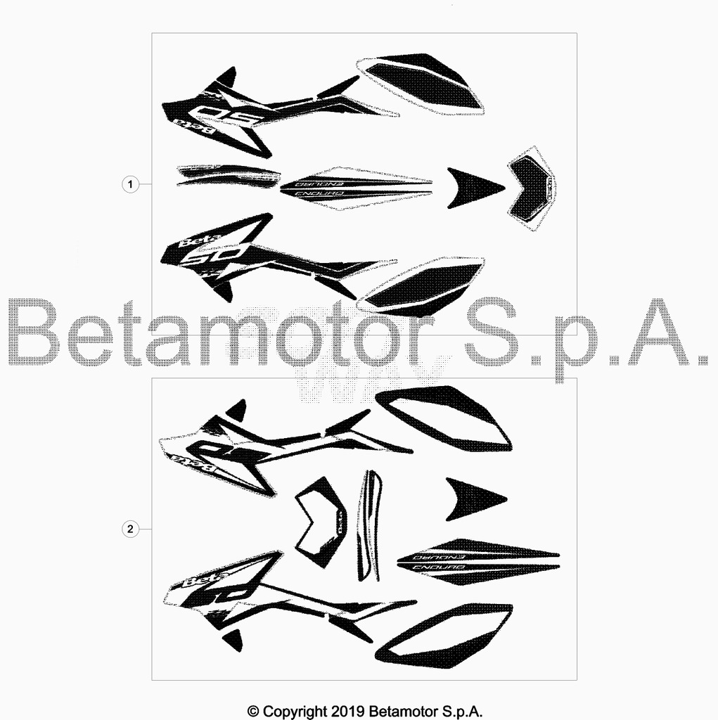 vue éclatée plastiques, réservoir et selle - beta 50 rr enduro 2019