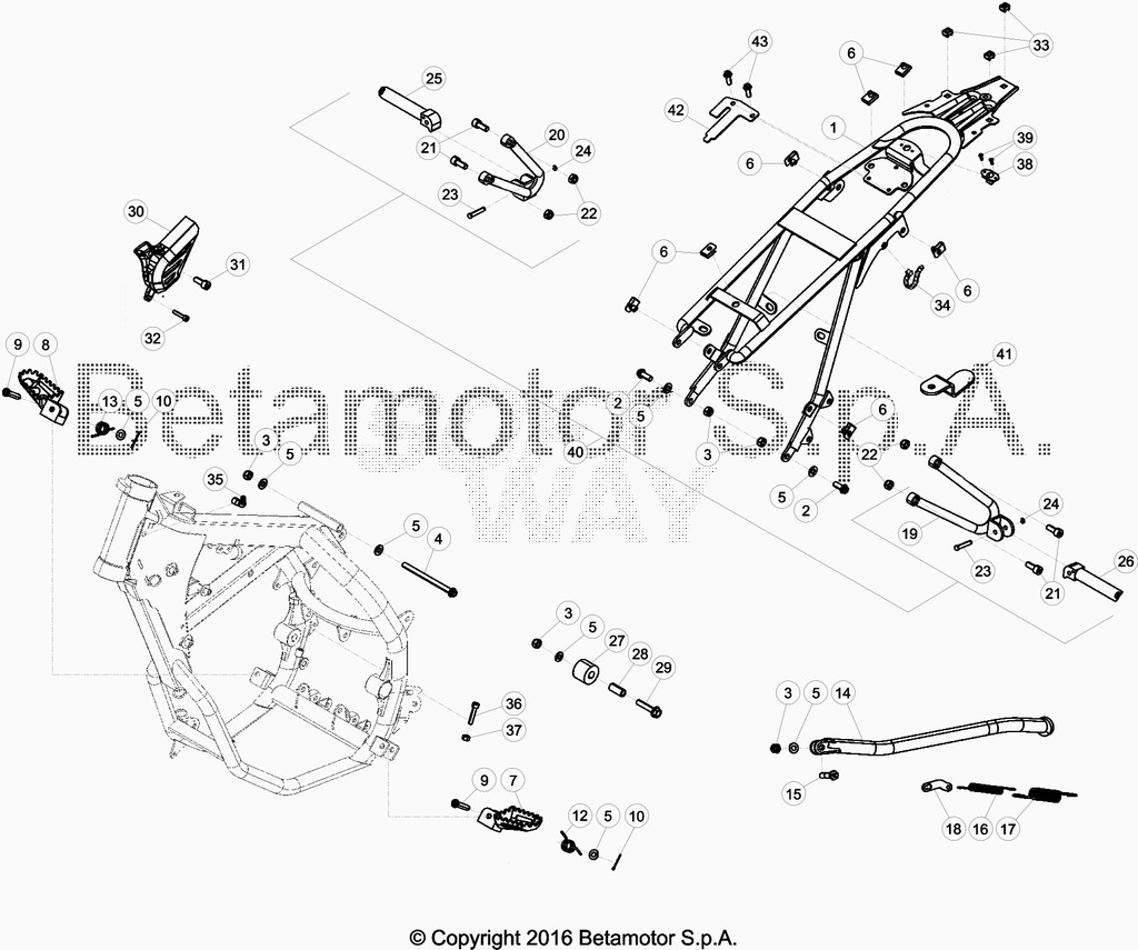 vue éclatée accesoires du cadre arrière de cadre, repose-pieds,... - beta 50 rr enduro racing 2016