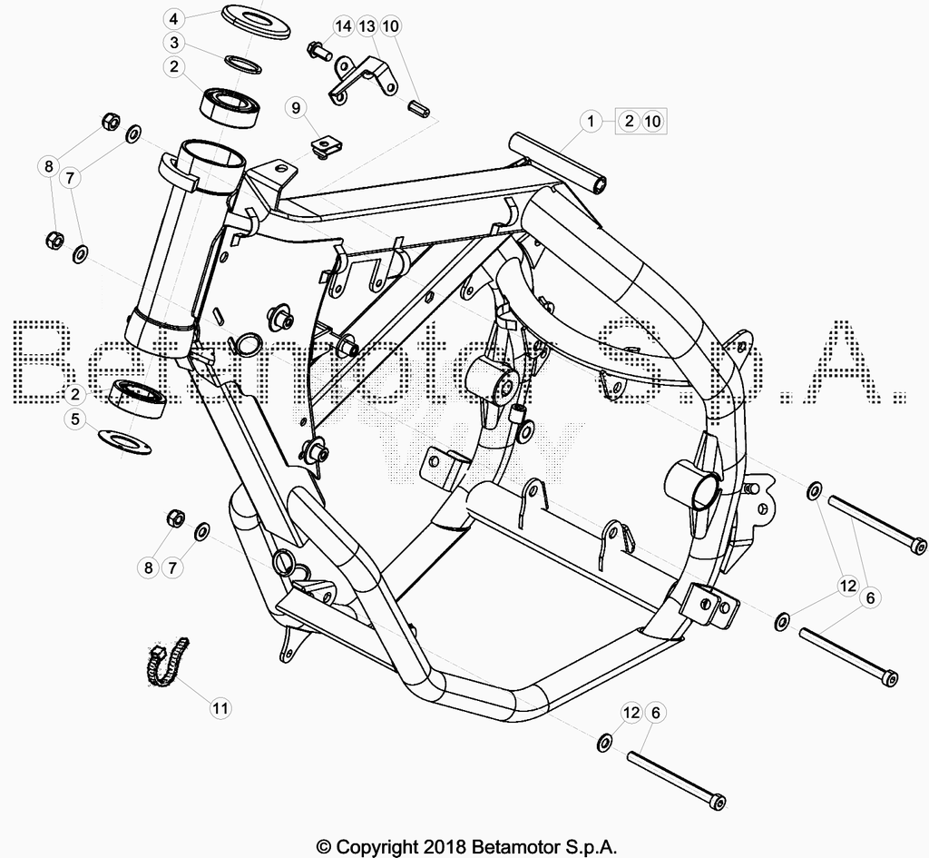 vue éclatée accesoires du cadre arrière de cadre, repose-pieds,... - beta 50 rr motard 2018