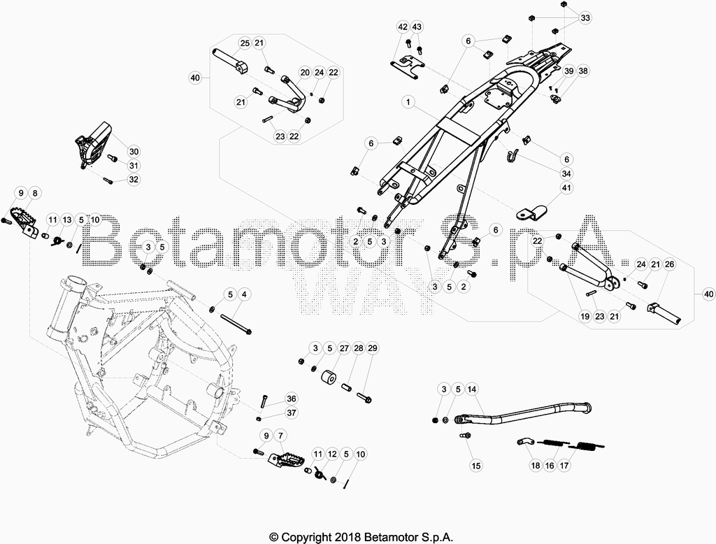 vue éclatée accesoires du cadre arrière de cadre, repose-pieds,... - beta 50 rr motard 2018