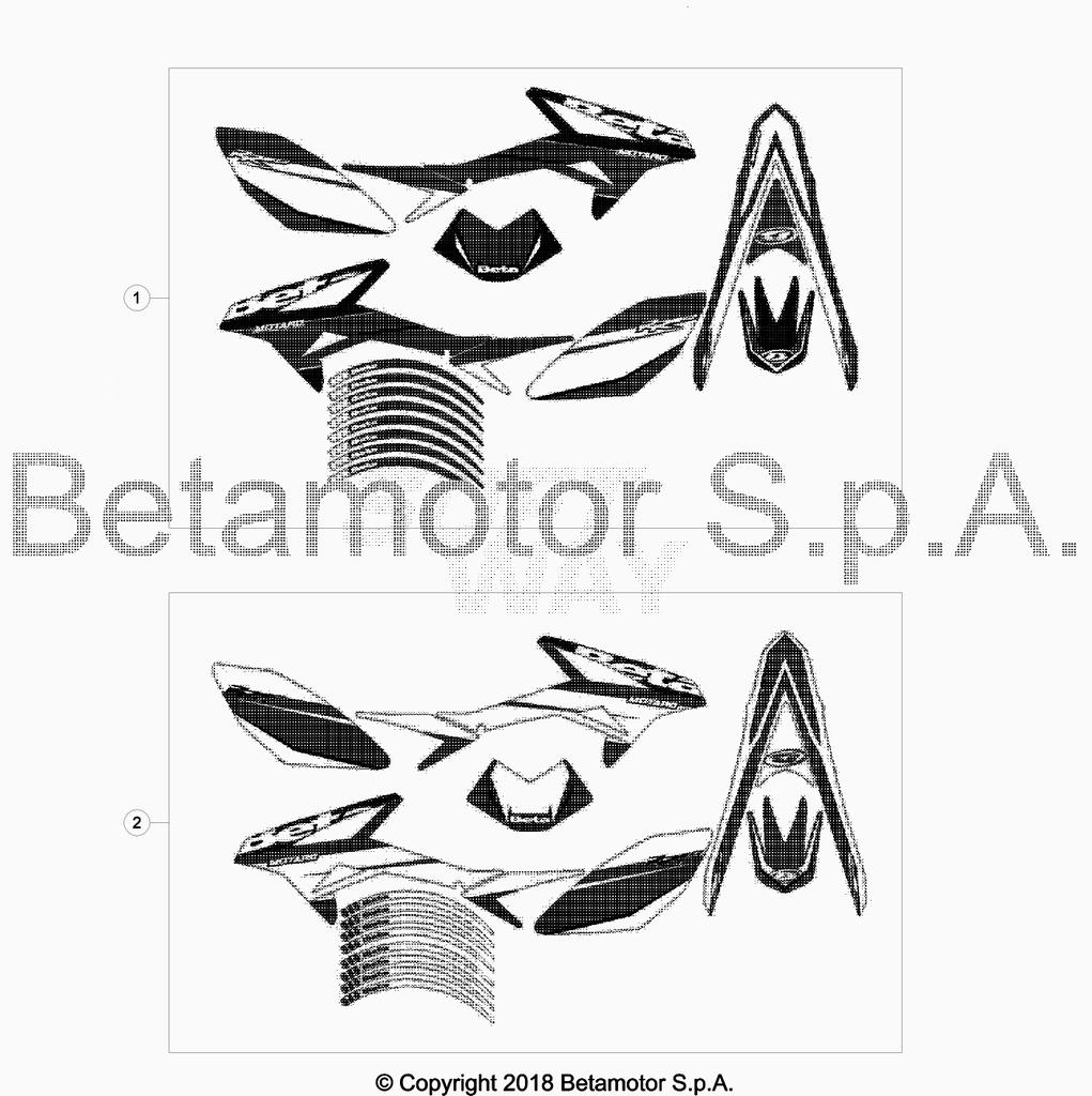 vue éclatée plastiques, réservoir et selle - beta 50 rr motard 2018