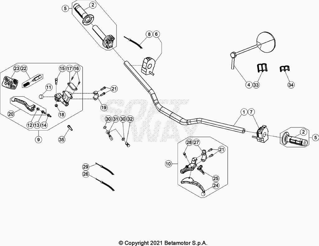 vue éclatée commandes et guidon - beta 50 rr enduro racing 2023