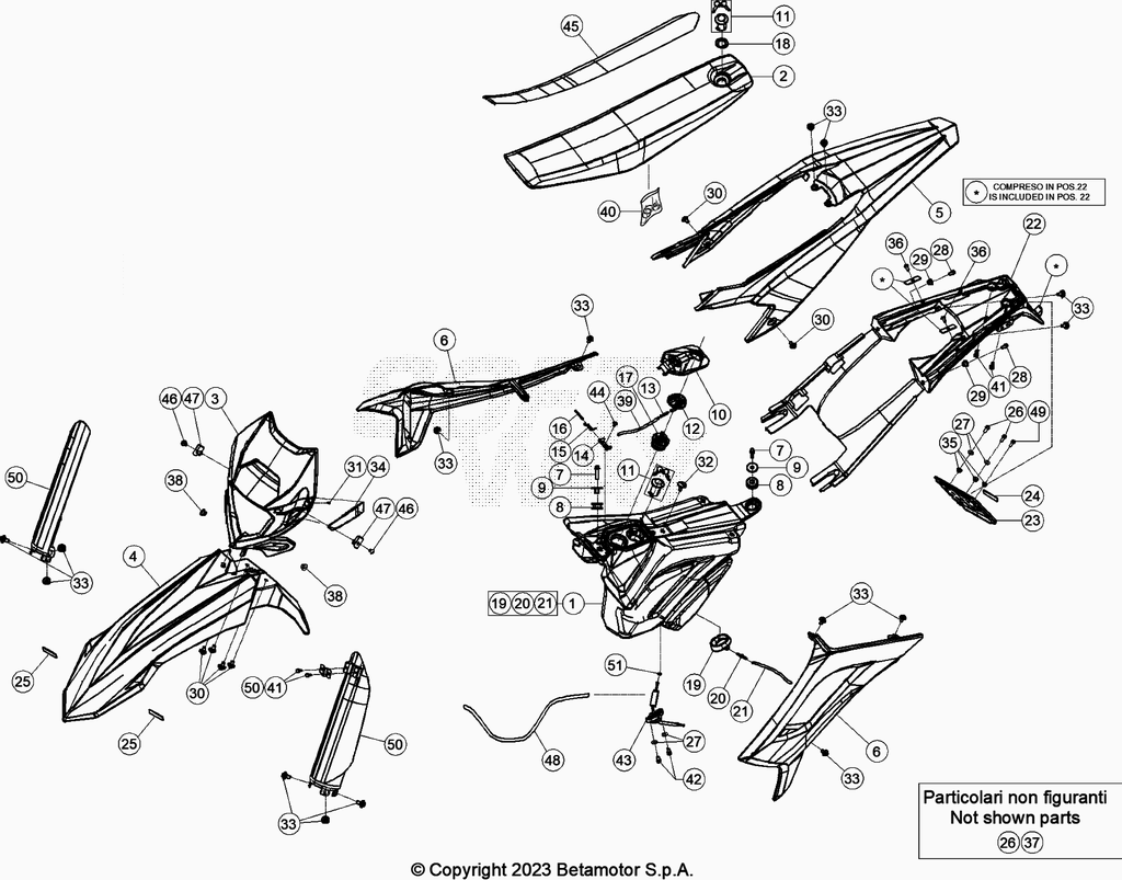 vue éclatée plastiques, réservoir et selle - beta 50 rr enduro racing 2023