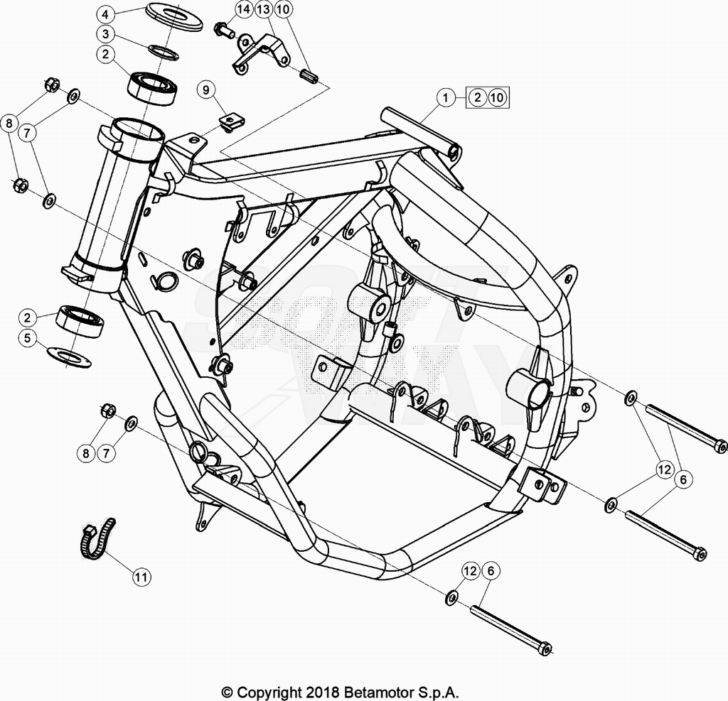 vue éclatée accesoires du cadre arrière de cadre, repose-pieds,... - beta 50 rr enduro racing 2020